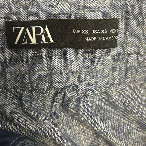 Zara Womens XS Linen crop elastic waist pants Blue Chambray Pull On - Picture 4 of 9